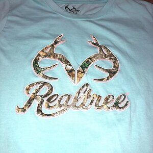 BLUE REALTREE T SHIRT SZ M CAMO LOGO ANTLERS BY WILLOW TREE CAP SLEEVES WOMENS